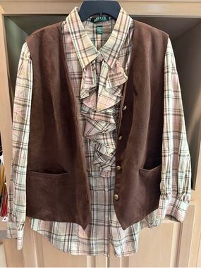 Lauren Ralph Lauren Plaid Ruffle-Front Button-Down Shirt in Pink and Tan 3X